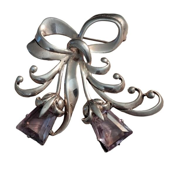 Vintage 40's Hollywood Regency Sterling Amethyst Glass Flower Ribbon Brooch - Picture 1 of 7